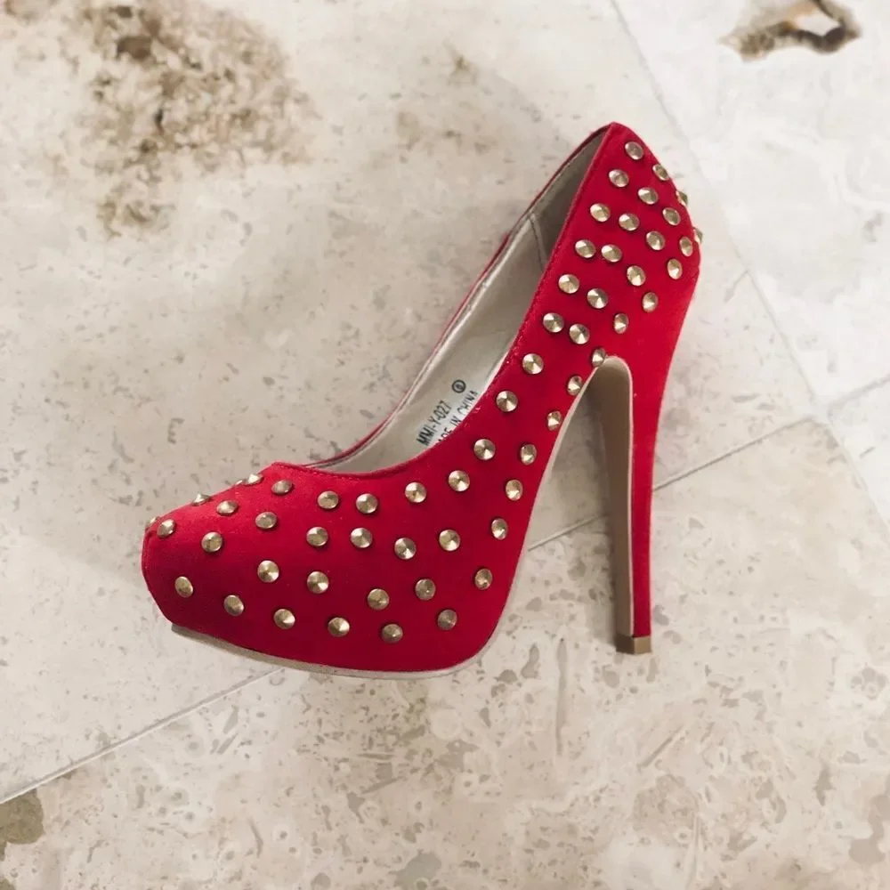 Gold Studded Red Platform Heels